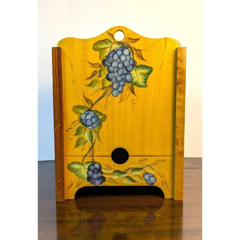 Hand Painted Wooden Storage Recipe Box Mail Organizer Grape Vine Kitchen Decor